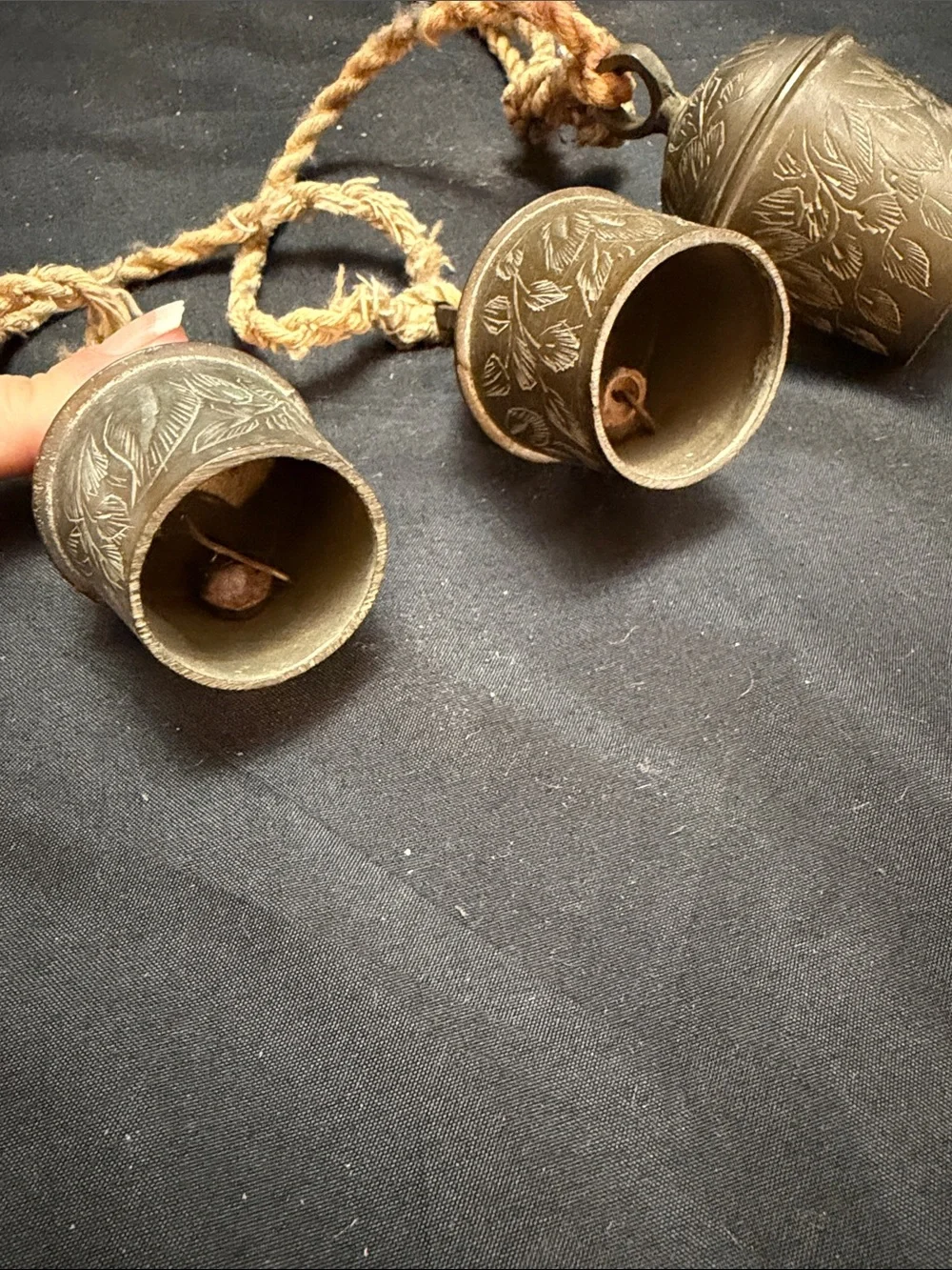 Vintage Late 1809s Brass Hanging Bells Trio with Floral Engraving